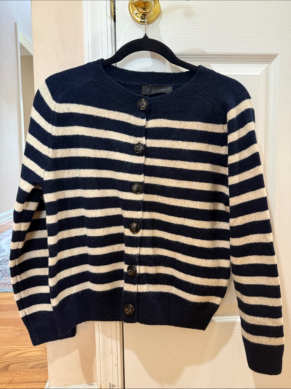 Zara Navy and Cream Striped Button-Up Cardigan